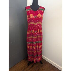 Vintage Bila Red Elephant Print Sleeveless Maxi Dress with Tie Back - Size L
